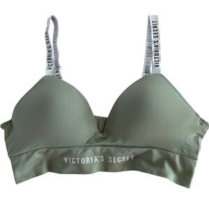 Victoria's Secret Bralette Padded Medium Green Spellout Logo Strap Wireless